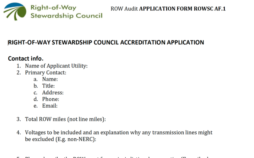Right-of-Way Stewardship Council, Accreditation Application
